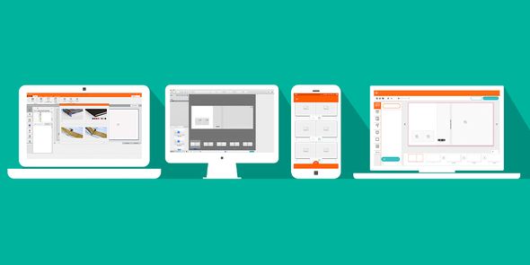 Illustrations of a laptop, Mac desktop computer, smartphone, and a Windows-style laptop open with bonusprint editor software open on each screen, against a green background.