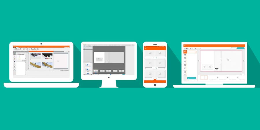 Illustrations of a laptop, Mac desktop computer, smartphone, and a Windows-style laptop open with bonusprint editor software open on each screen, against a green background.