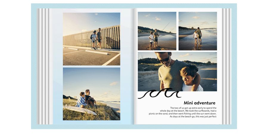 A gif of a photo book open with pictures of a man and his son at the beach, with animated text on the right-hand page.