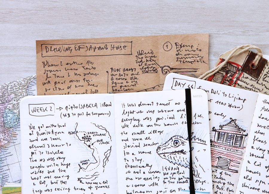A photo of loose pages from a travel journal, with sketches and diary entries.
