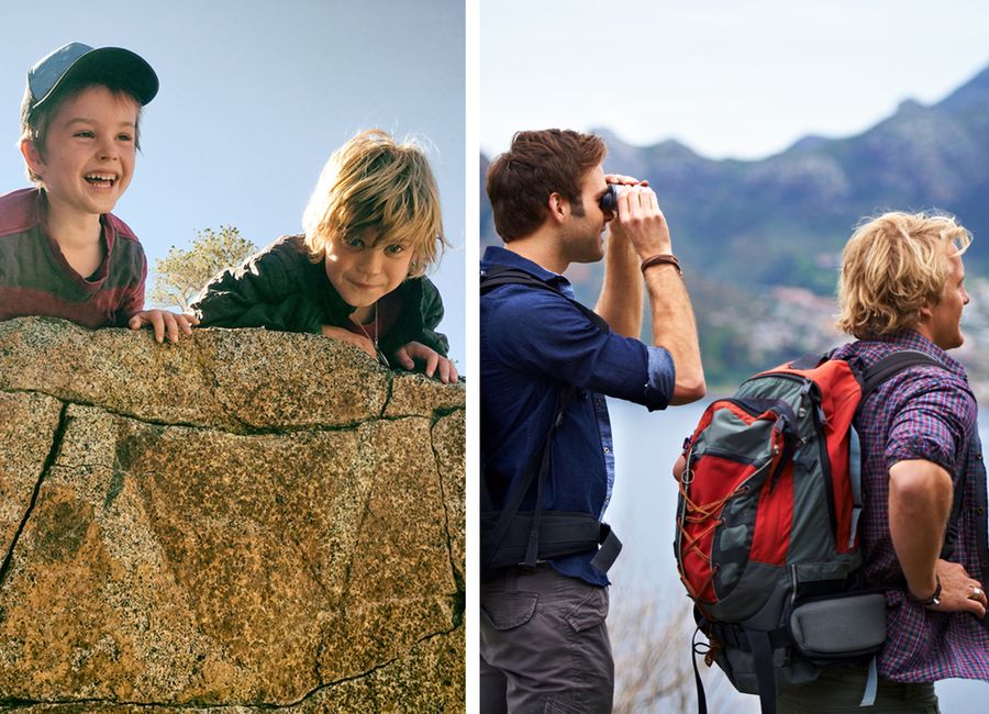 Two photos side by side, the first is of two small boys climbing a rock, the second is of them as adults on a hike.